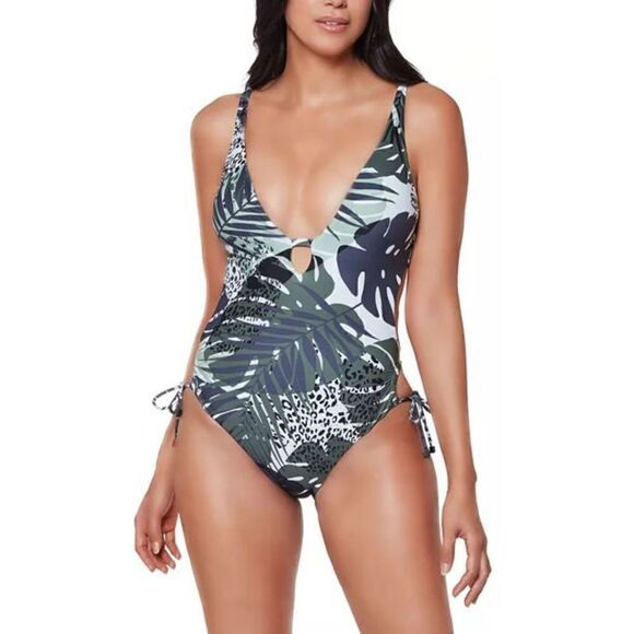 1610 Bar III moody tropics plunge One-Piece Swimsuit Green multi sz L new - Picture 1 of 2